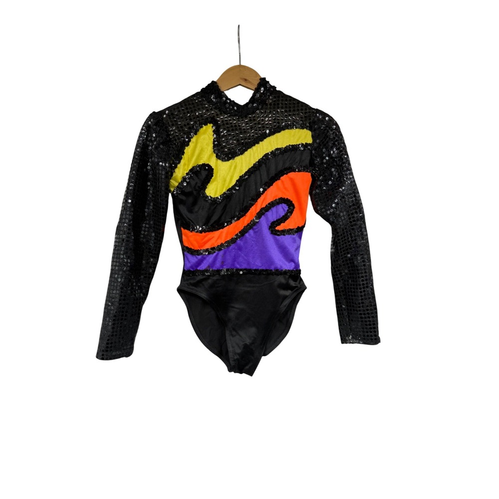Vintage Sequin Dance Leotard Long Sleeve Black Multi Color Dance Costume SA?